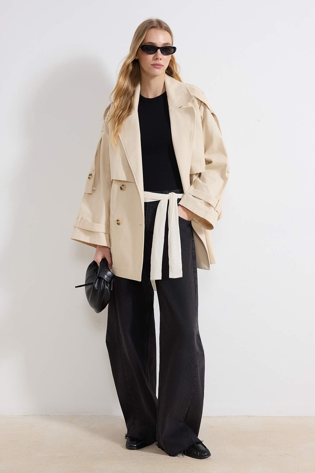 Trendyol Collection Taş Oversize öves kétsoros gombolású midi trencskabát TWO...