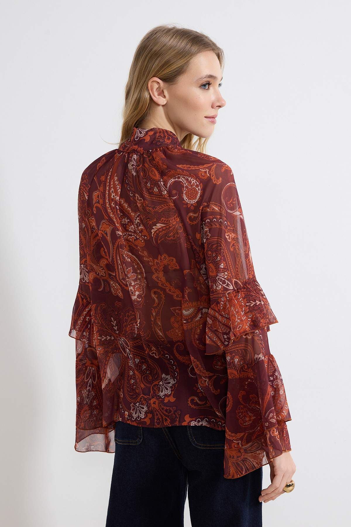 Trendyolmilla  Bordo Şal Desenli Kolları Fırfırlı Boho Transparan Şifon Bluz TWOSS26BZ00218 - Görsel 4