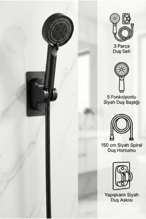 Plodna House Tayzikli Yüksek Basınçlı Siyah Duş Başlığı Yapışkanlı Duş Mafsal...