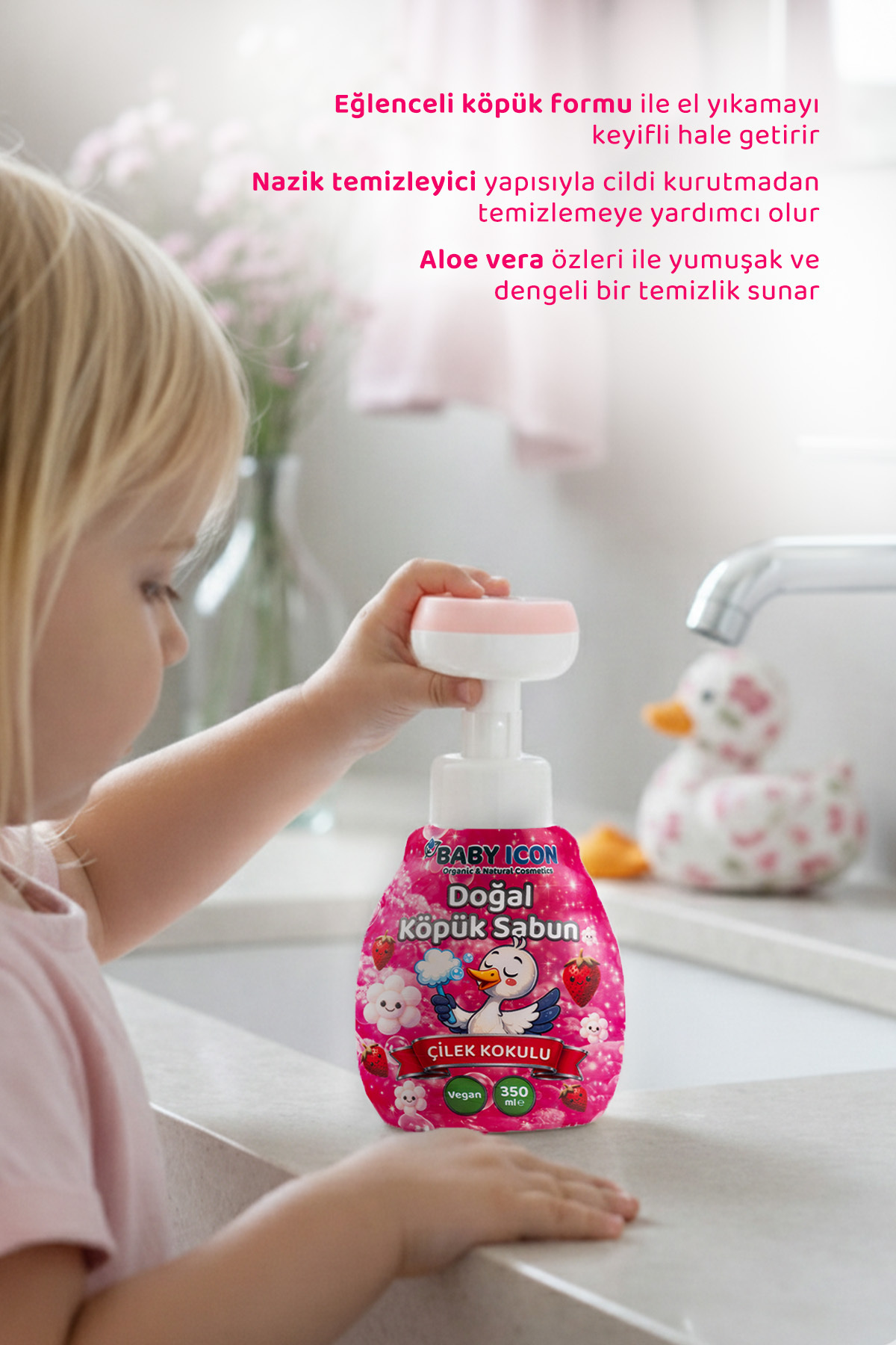 Baby İcon Doğal Çocuk Köpük El Sabunu 350 ml Çilek Kokulu Vegan Parabensiz Çiçek Şekilli Pembe Köpük fotoğrafı 5 (önizleme)