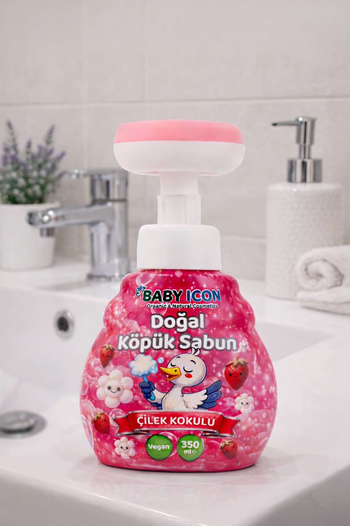 Baby İcon Doğal Çocuk Köpük El Sabunu 350 ml Çilek Kokulu Vegan Parabensiz Çiçek Şekilli Pembe Köpük fotoğrafı 7 (önizleme)