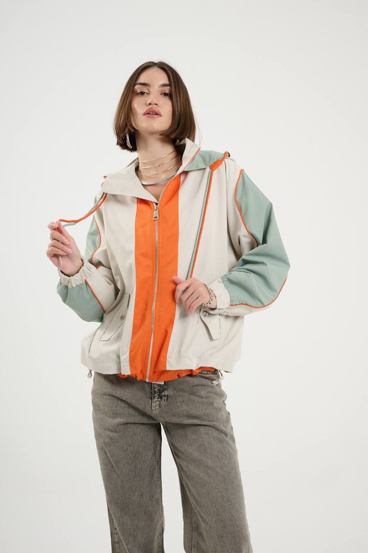 MATTİMODA  Turuncu Şerit Detaylı Haki Yağmurluk - Görsel 4