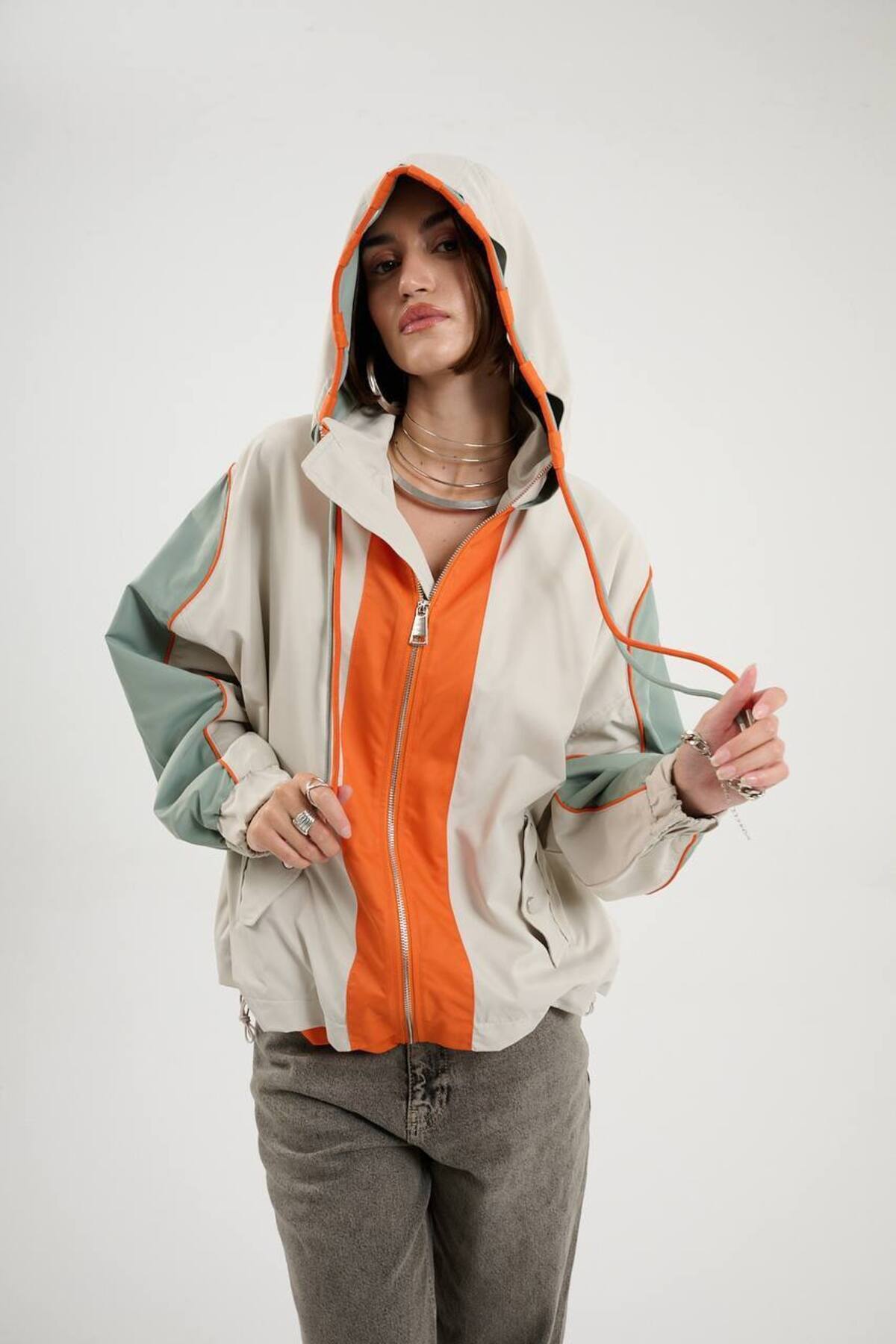 MATTİMODA  Turuncu Şerit Detaylı Haki Yağmurluk - Görsel 5