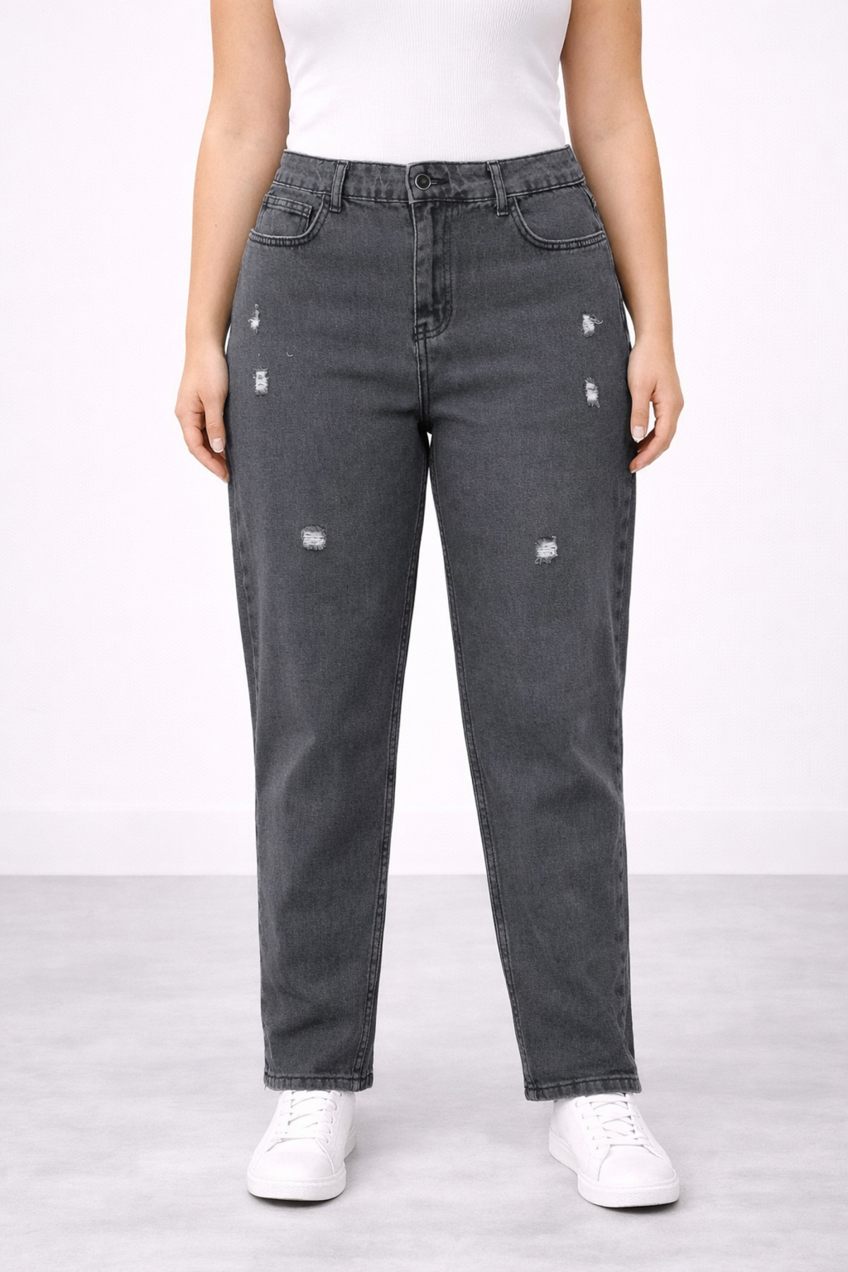 Şans  Kadın Büyük Beden Gri, Yırtık Detaylı, Yüksek Bel 5 Cep Kot Pantolon 65N39329