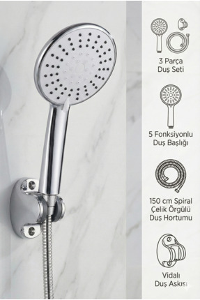 Plodna House Kaliteli 5 Fonksiyonlu Büyük Boy Krom Duş Başlığı 150cm Örgülü H...
