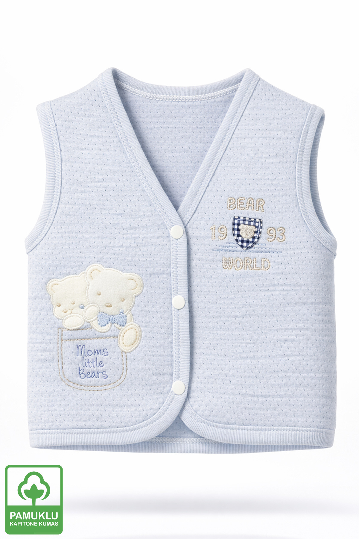 Miniel Unisex Bebek Ikiz Ayıcık Nakışlı Organik Pamuklu 3-6-9 Ay 3Lü Kapitone Bebek Yelek Set fotoğrafı 3 (önizleme)