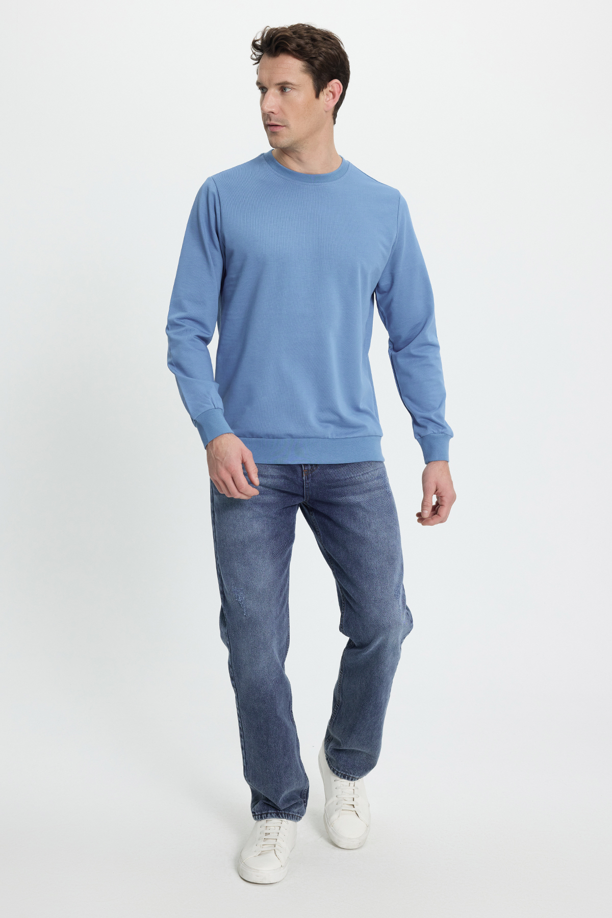 Tudors  Erkek Relax Fit Rahat Kesim %100 Pamuk 2 İplik Bisiklet Yaka Mavi Sweatshirt - Görsel 5