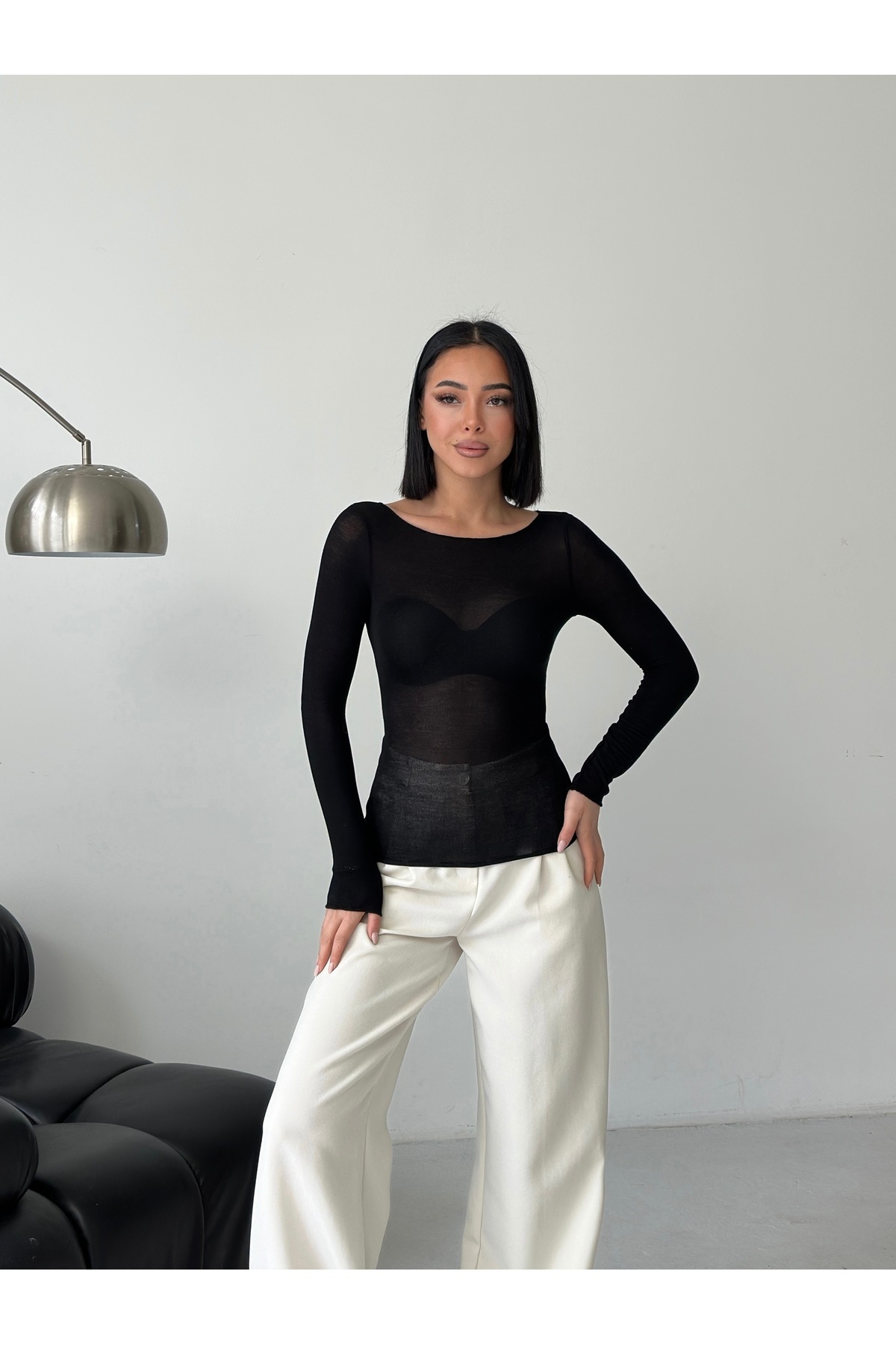 luna miratto collection  Kadın Transparan Kayık Yaka Siyah Bluz Modal Kaşmir Ultra Hafif Yumuşak Bluz - Görsel 5