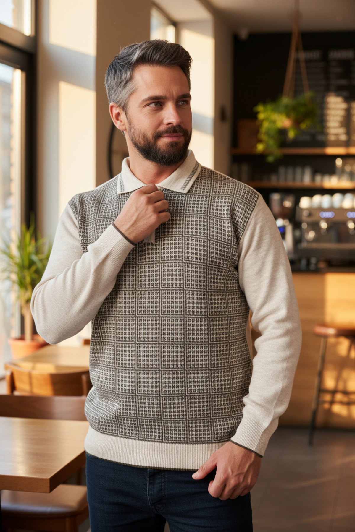 Kamalı  Erkek Krem Tüylenme Yapmayan Standart Fit Normal Kesim Kazayağı Desen Polo Yaka Triko Kazak - Görsel 4