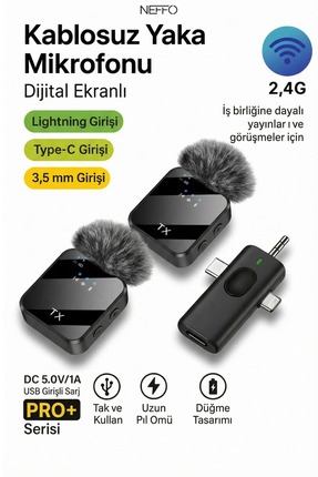 NEFFO Kablosuz Yaka Mikrofonu Type-C Android & Iphone Stüdyo Mikrofonu için S...