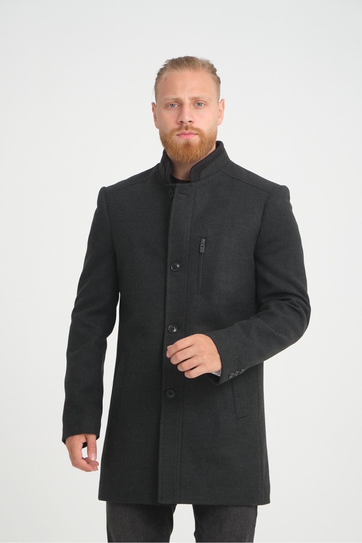 Wise  Erkek Antrasit Dik Yaka Kaşe Kaban - Görsel 9
