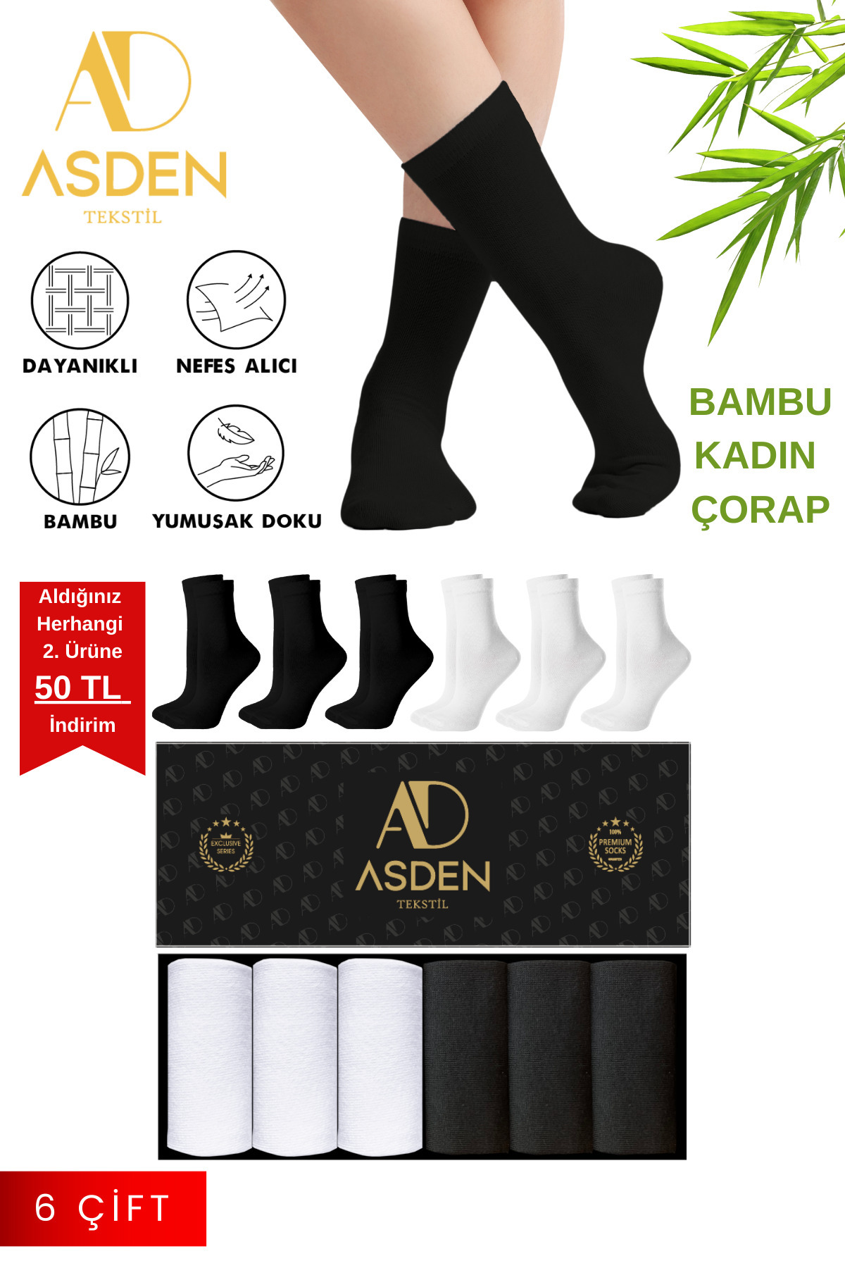 Bamboo Women's Socket Socks 3 Black 3 White Premium Box, Seamless Nose, Soft Wash