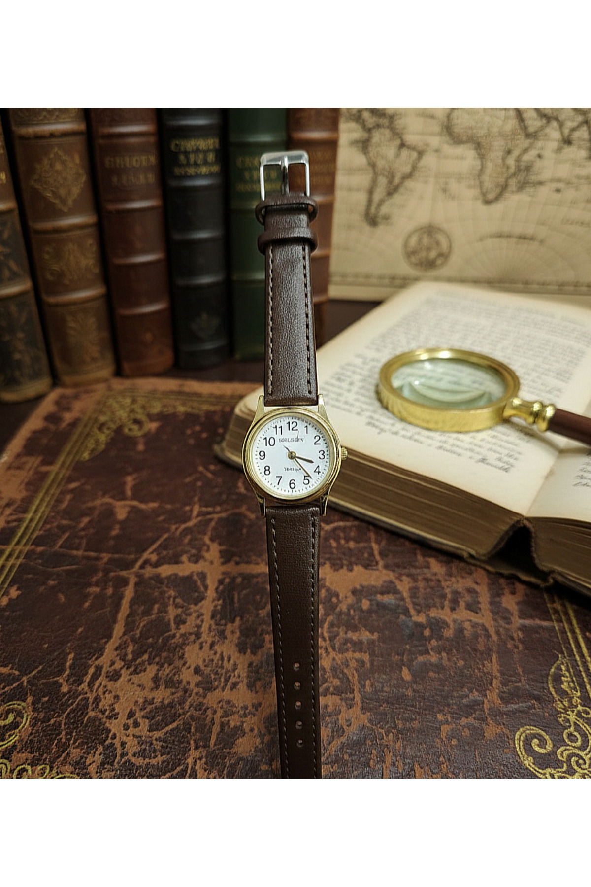 QUARTZ  Vintage Kadın Kol Saati Retro Minimal Model Koyu Kahve Renk Hakiki Deri Kordon Gold Kasa