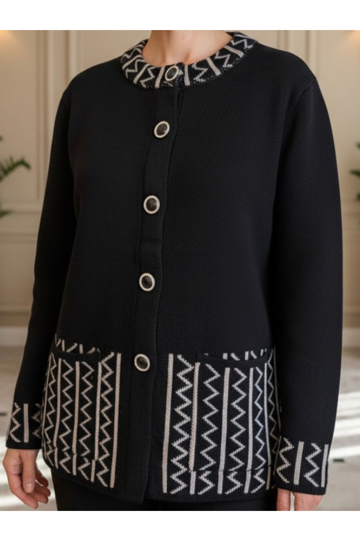 tiriTEK TRİKO  Triko Büyük Beden Bisiklet Yaka Hırka / Siyah Vizon - Görsel 3