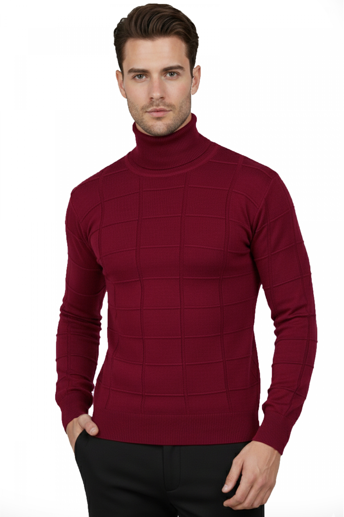 Men's Claret Red Square Pattern Turtleneck Slim Fit Turtleneck Knitwear Sweater 2505493