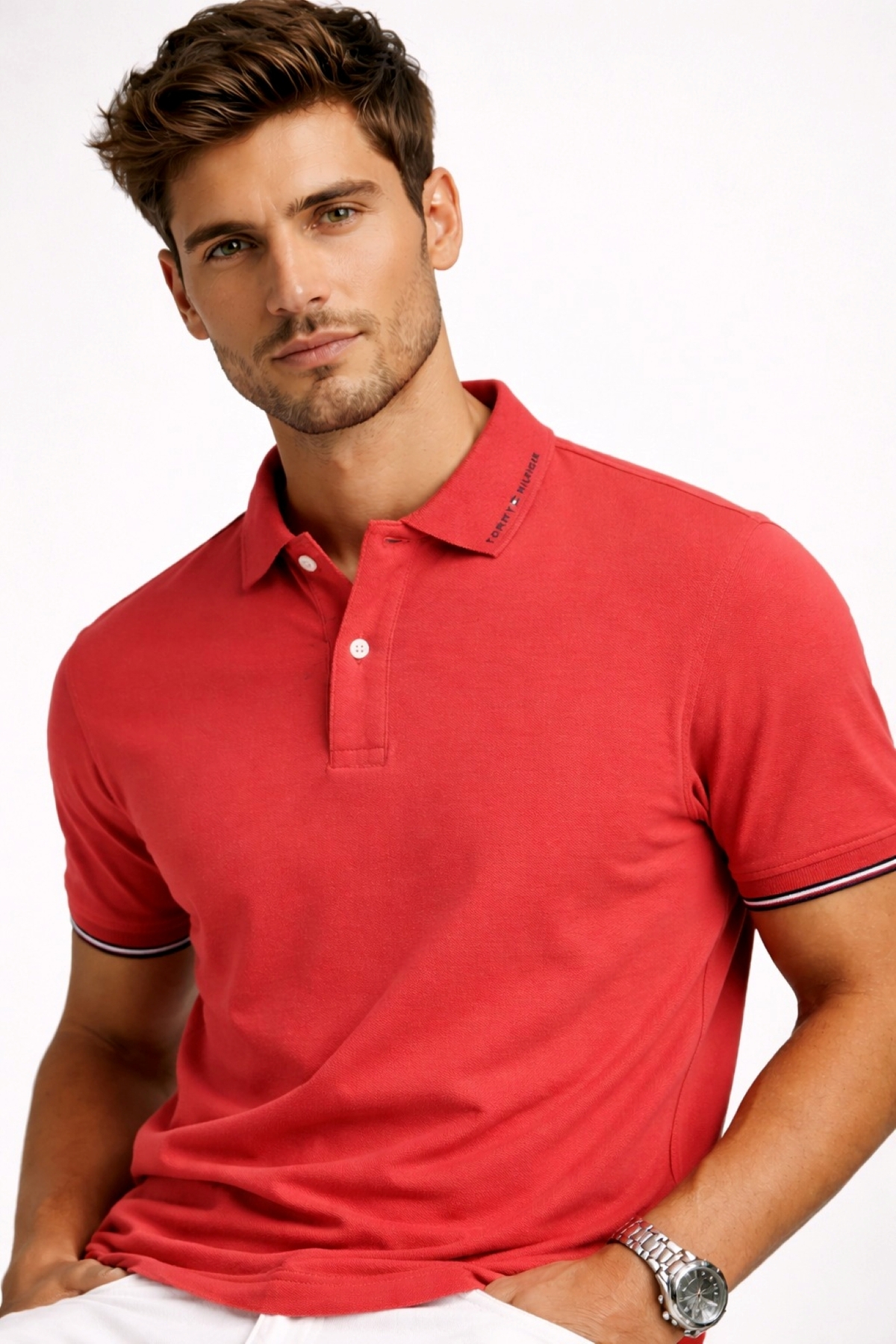 تامی هیلفیگر تی‌شرت یقه پولو طرح بافت معمولی از جنس پنبه