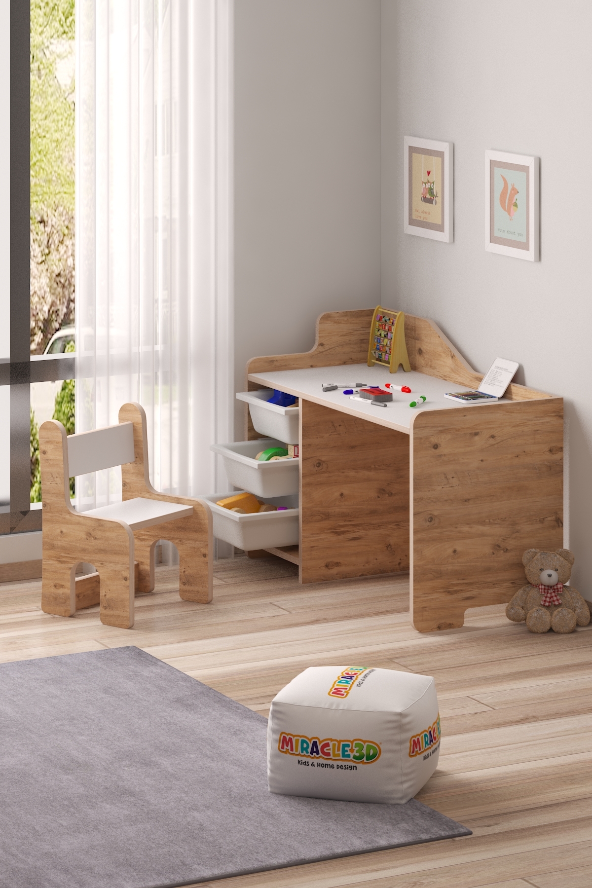 MİRACLE 3D Çocuk Oyun Aktivite Masası 90x45 Cm 3 Sepetli Çocuk Çalışma Masası Sırt Dayamalı Sandalye fotoğrafı 4 (önizleme)