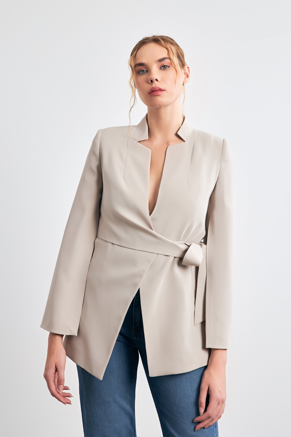 Stone Slim Fit Sleeve Detail Belt Tie Detail Jacket