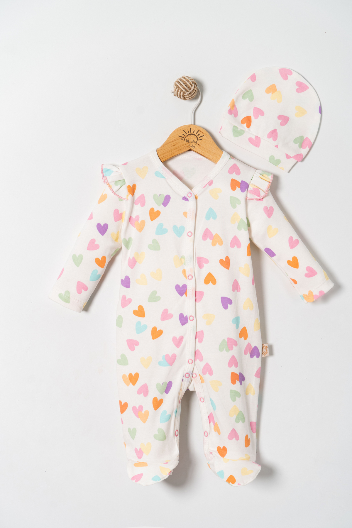 Miniday Baby Kız Bebek Baskılı 5'li Set Tulum Battaniye Şapkalı Kalpli Yeni doğan %Pamuklu Hastane çıkışı fotoğrafı 2 (önizleme)