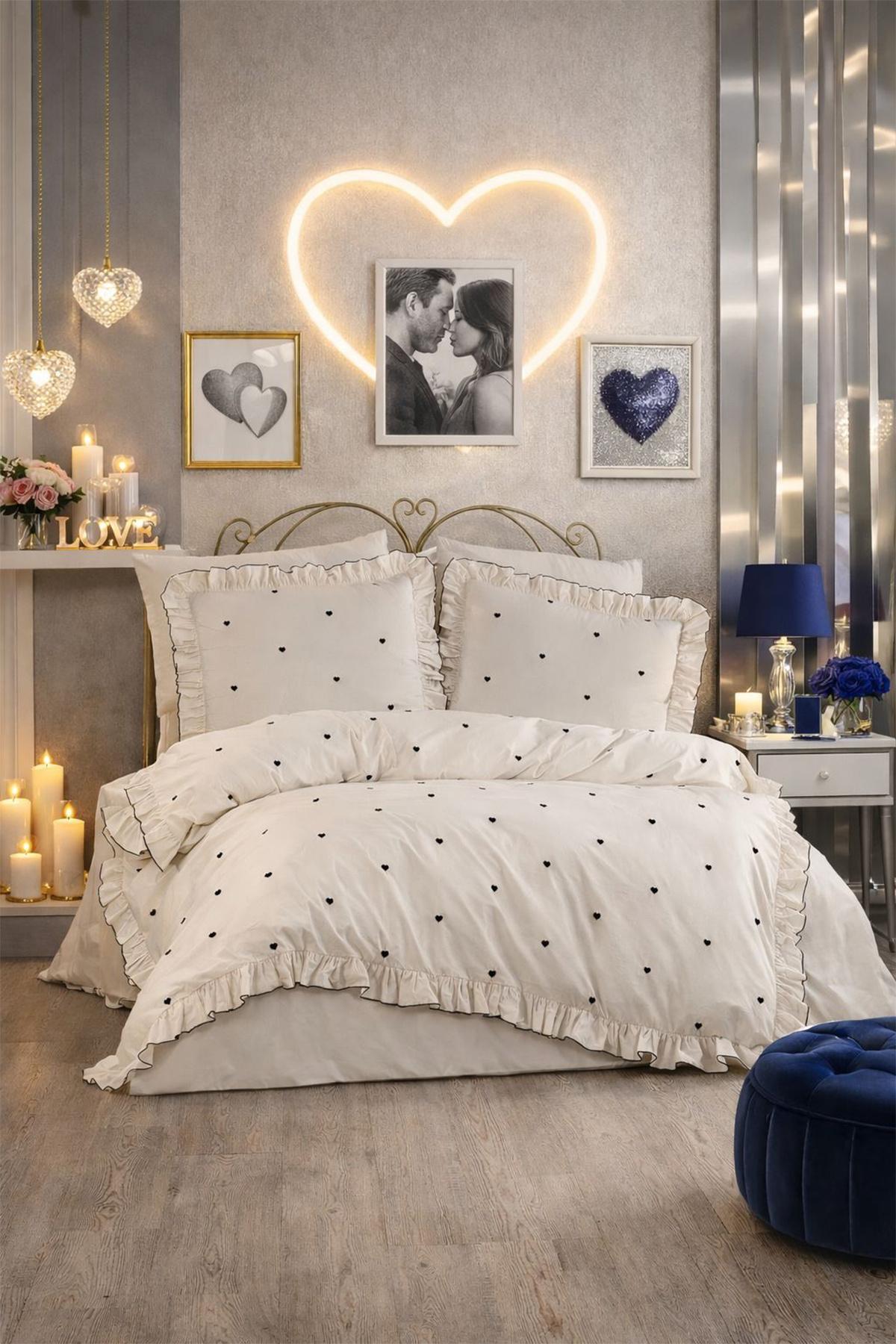 Valentine Love Embroidered 6-Piece Duvet Cover Set Navy Blue