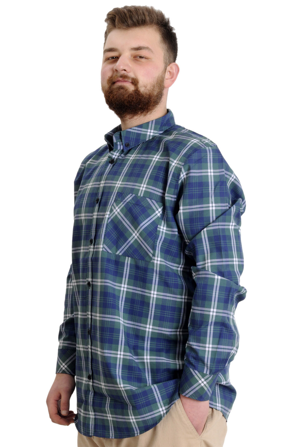 ModeXL Mode XL Büyük Beden Erkek Gömlek Ekose Uzun Kollu 23300 Koyu Yeşil görsel 3