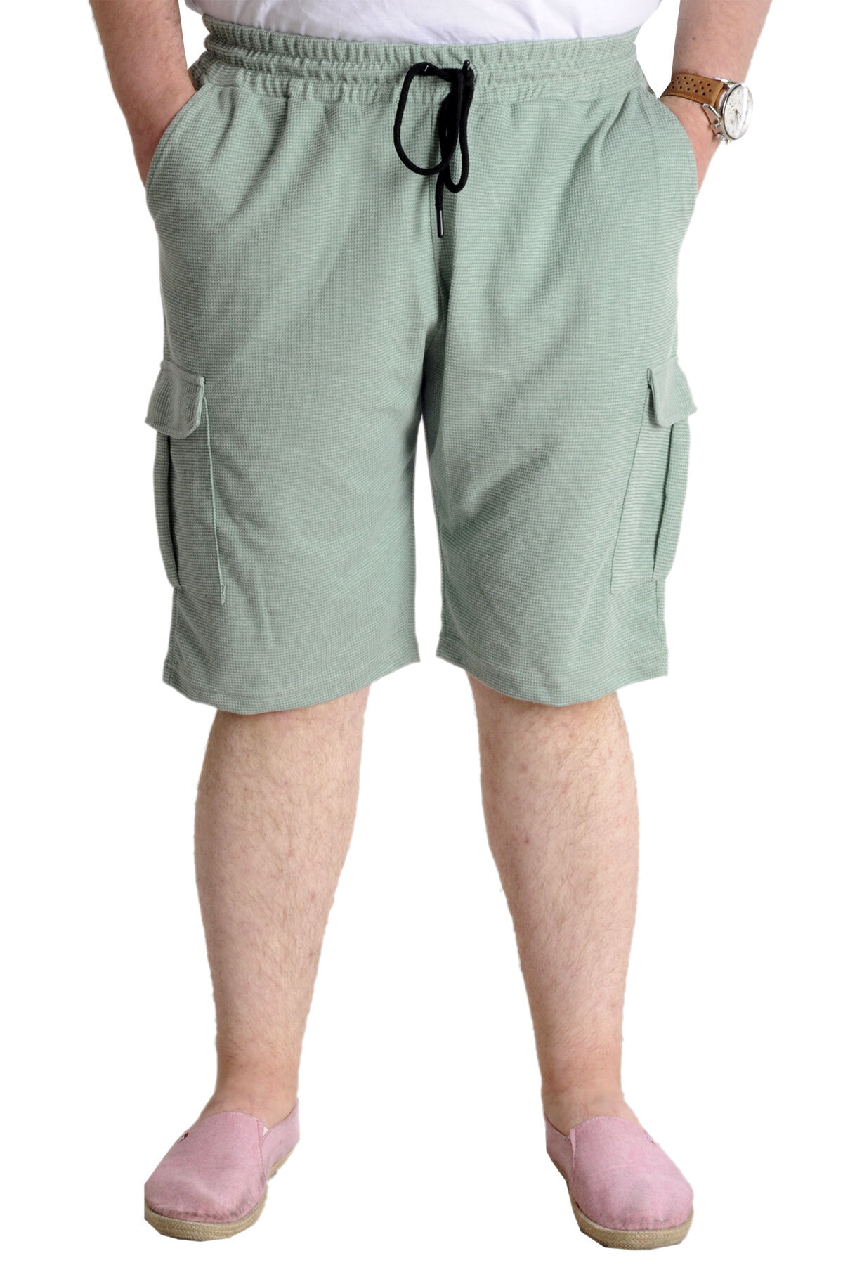 Mode XL Plus Size Men's Shorts Cargo Pocket WAFFLE 23500 Çağla Green