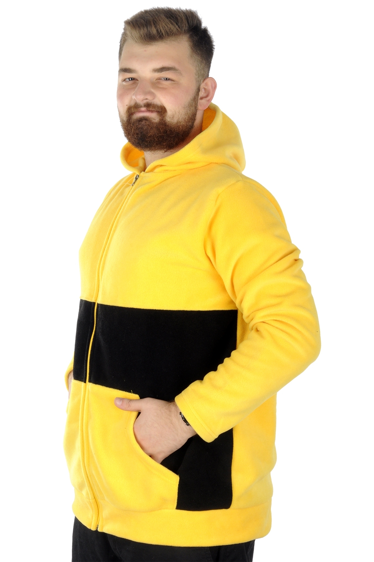 ModeXL Mode XL Büyük Beden Erkek Kapşonlu Fermuarlı Polar Hırka 22554 Hardal görsel 3