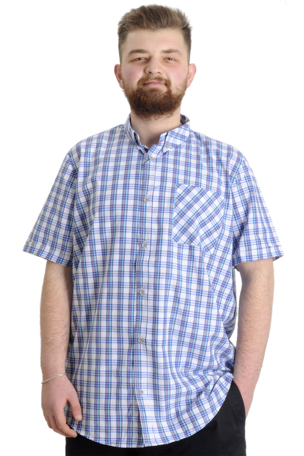 ModeXL Mode XL Büyük Beden Erkek Gömlek Ekose Kısa Kollu 23301 Mor