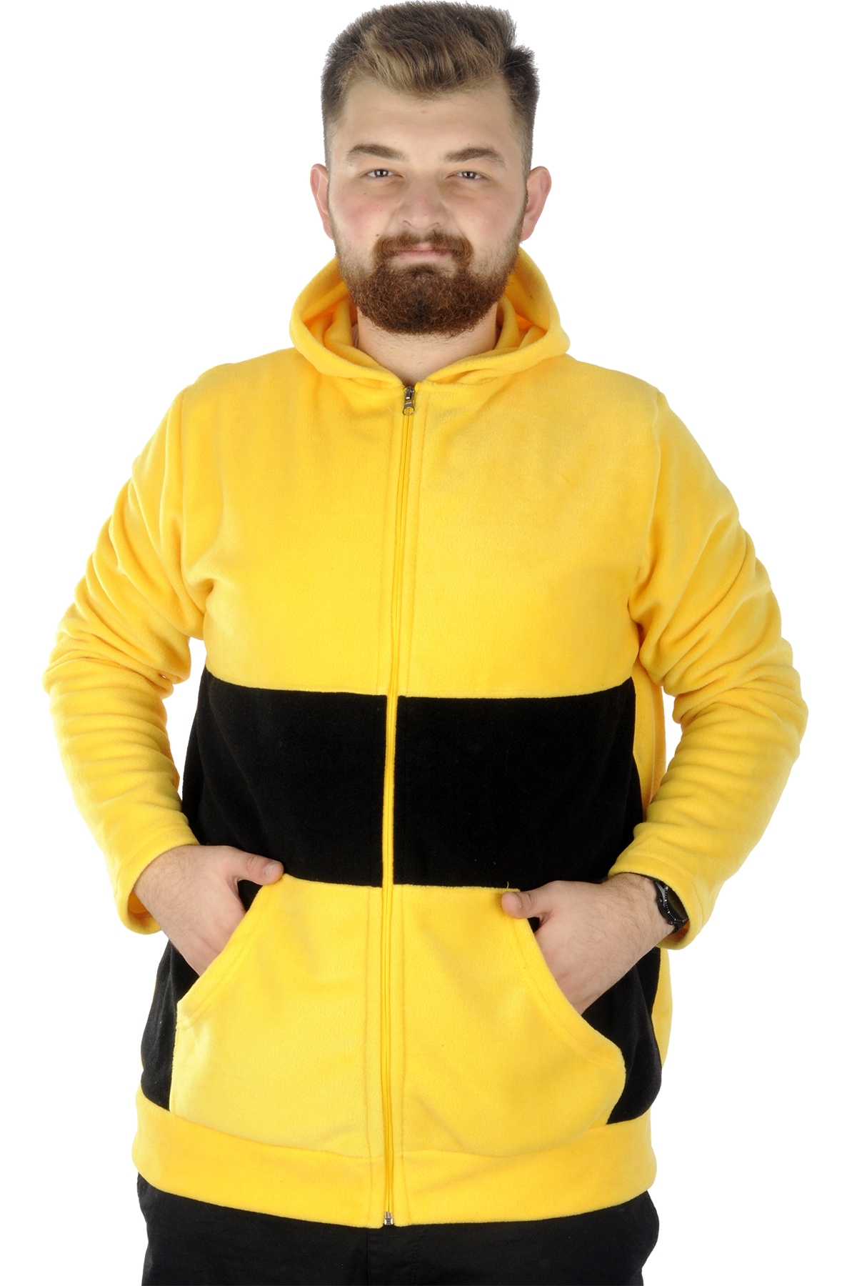 ModeXL Mode XL Büyük Beden Erkek Kapşonlu Fermuarlı Polar Hırka 22554 Hardal