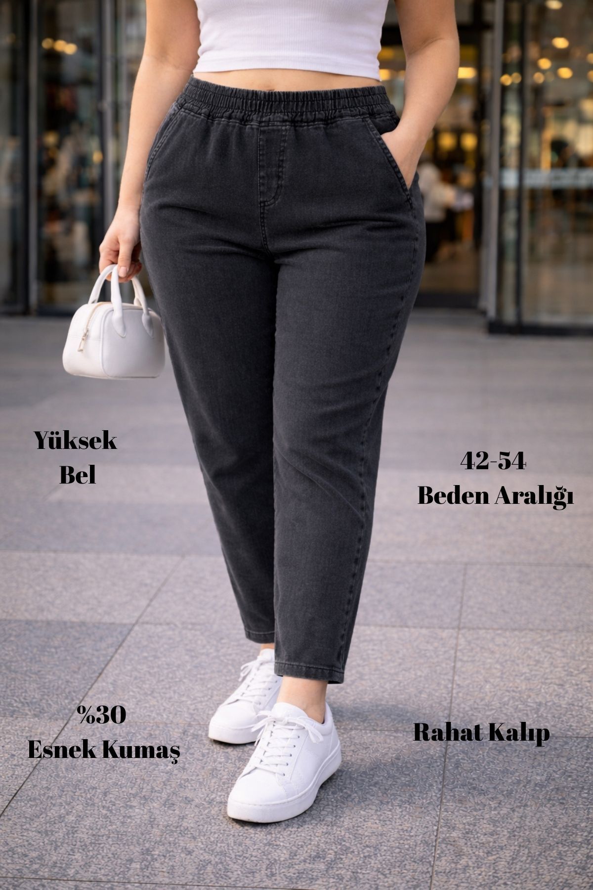 CEDY DENIM  - Büyük Beden Likralı, Beli Lastikli Jean Pantolon C636-Antrasit