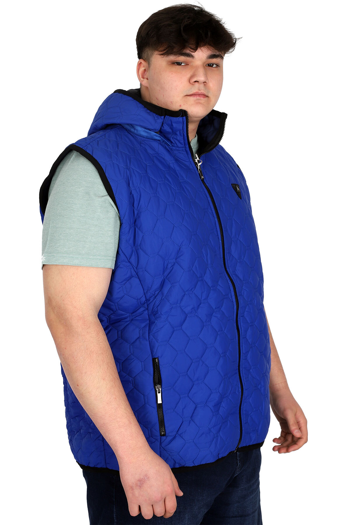 ModeXL Mode XL Büyük Beden Erkek Fermuarlı Kapüşonlu Şişme Yelek U24705 Mavi görsel 2