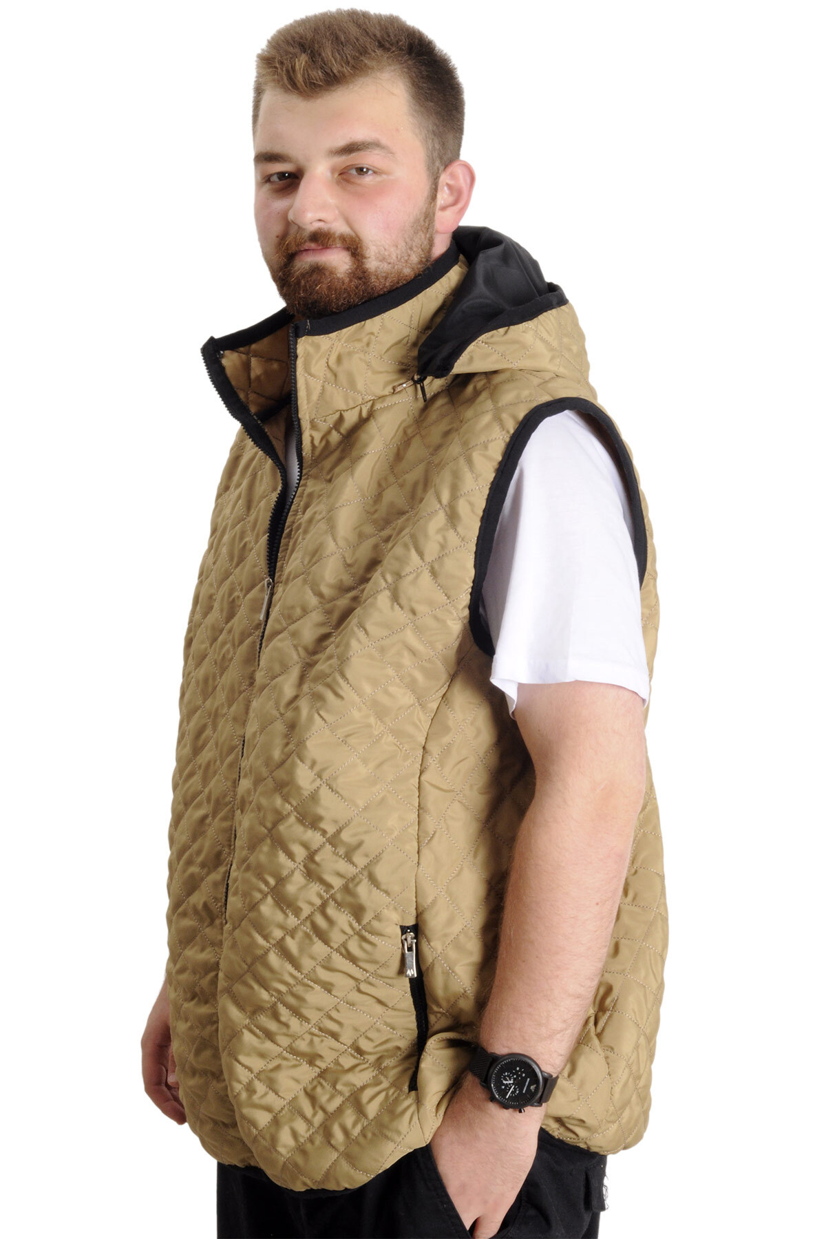 ModeXL Mode XL Büyük Beden Erkek Yelek Kapüşonlu Kapitone 23710 Sütlü Kahve görsel 2
