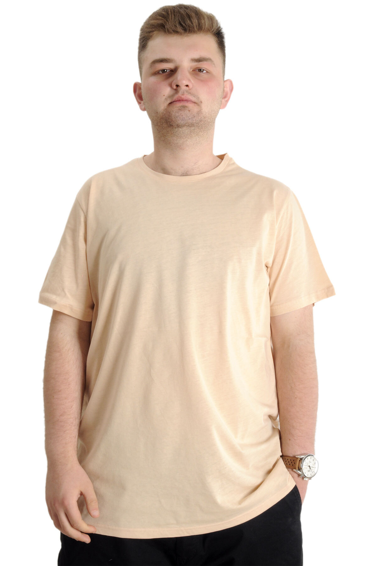 ModeXL Mode XL Büyük Beden Unisex Tshirt Bisiklet Yaka Basic 20031 Bej