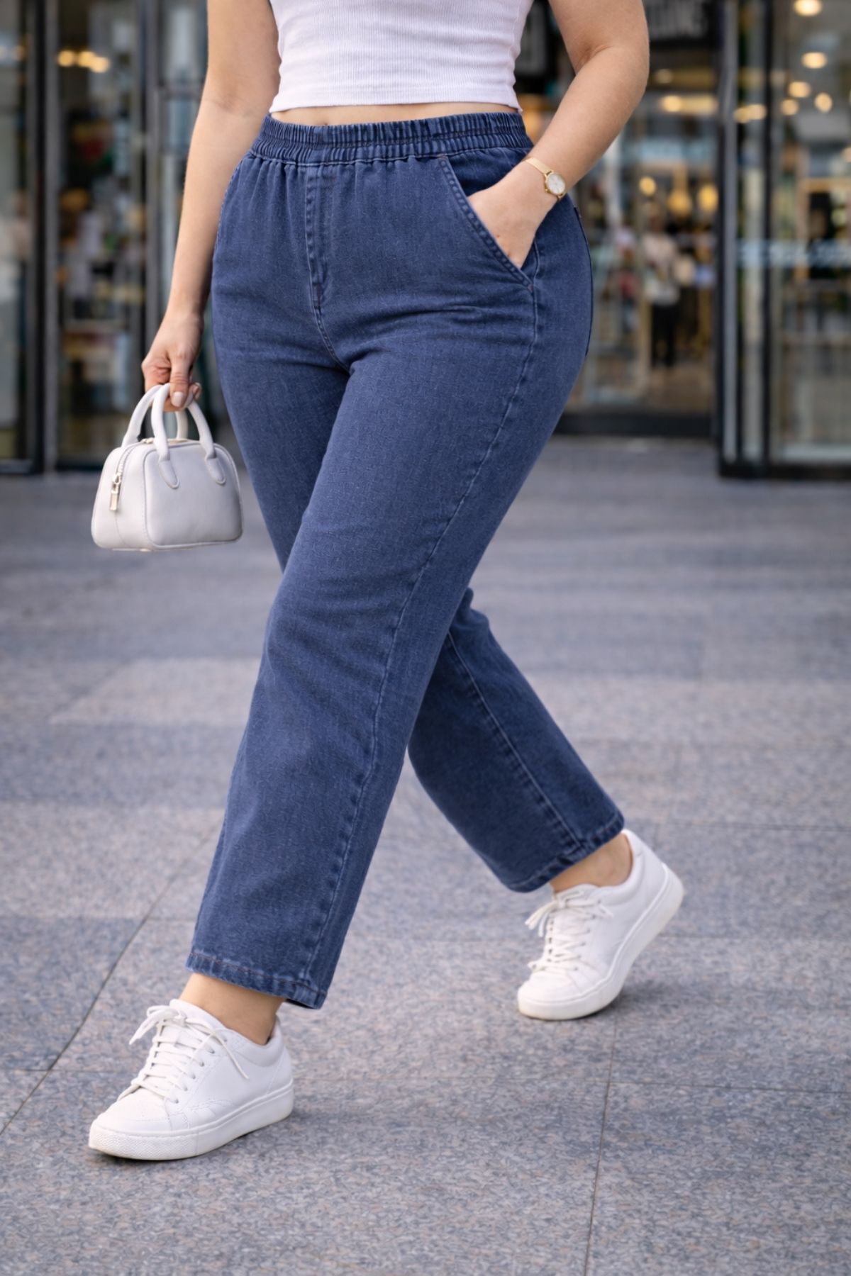 CEDY DENIM  - Büyük Beden Likralı, Beli Lastikli Jean Pantolon C636-Açık Mavi - Görsel 5