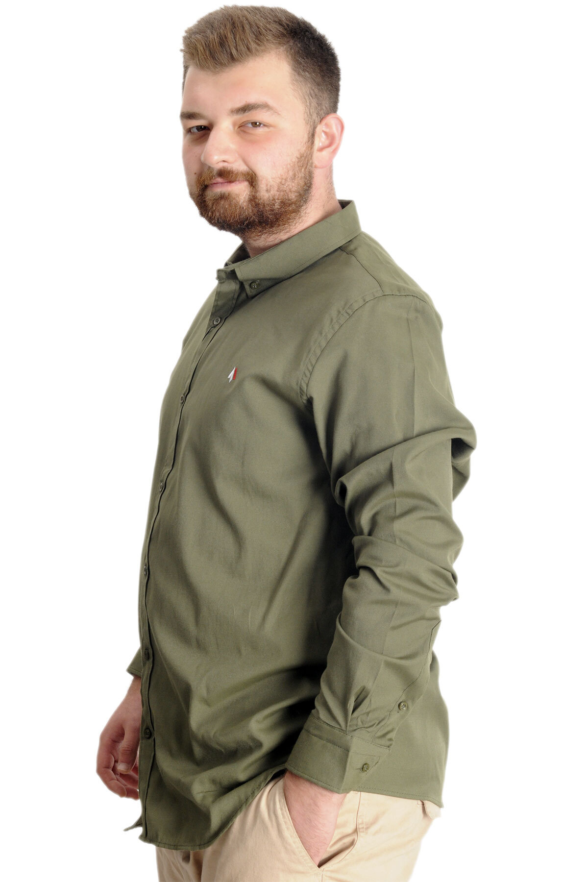 ModeXL Mode XL Büyük Beden Erkek Gömlek U.Kol Tom Oxford 23303 Haki görsel 2