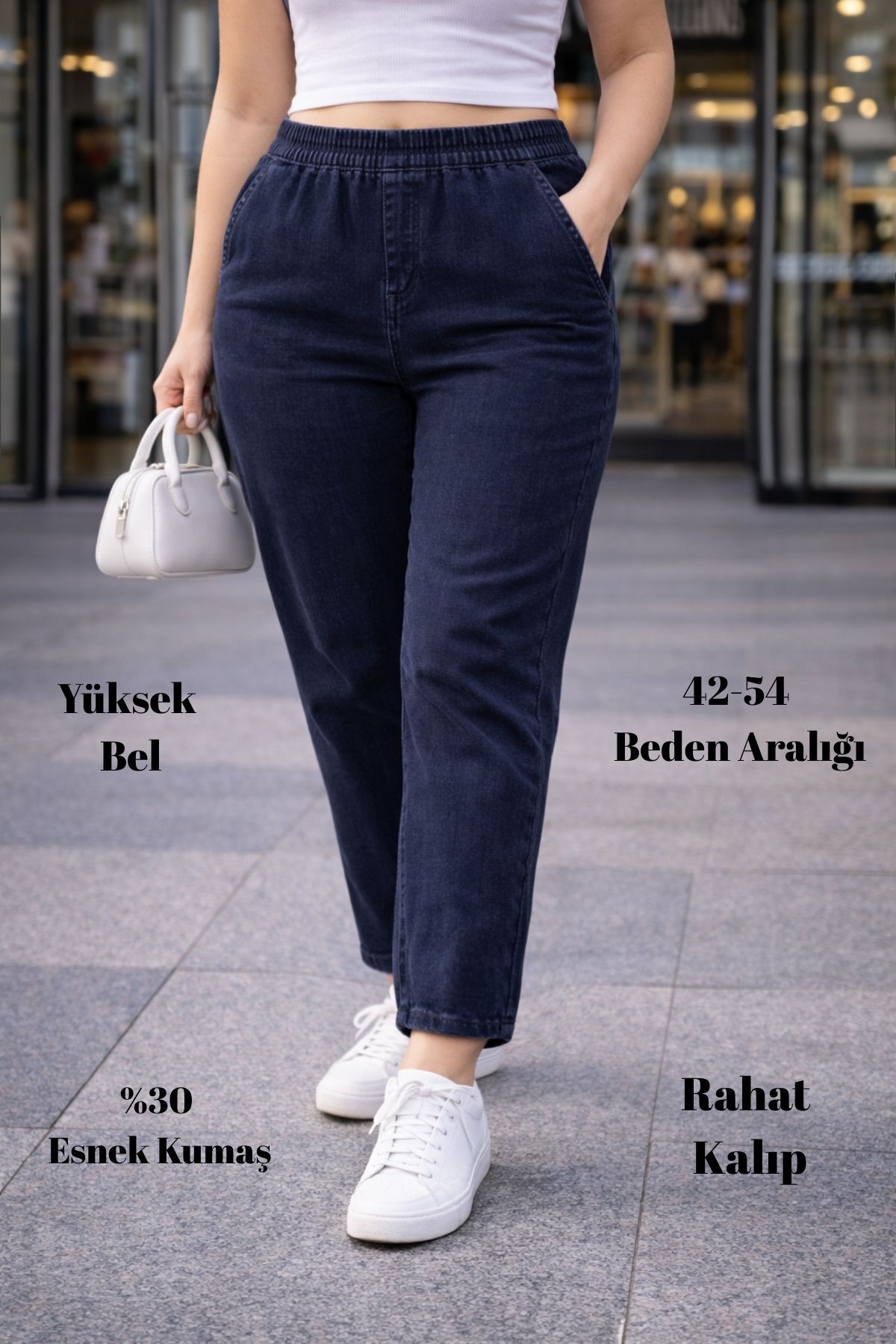 CEDY DENIM  - Büyük Beden Likralı, Beli Lastikli Jean Pantolon C636-Mavi
