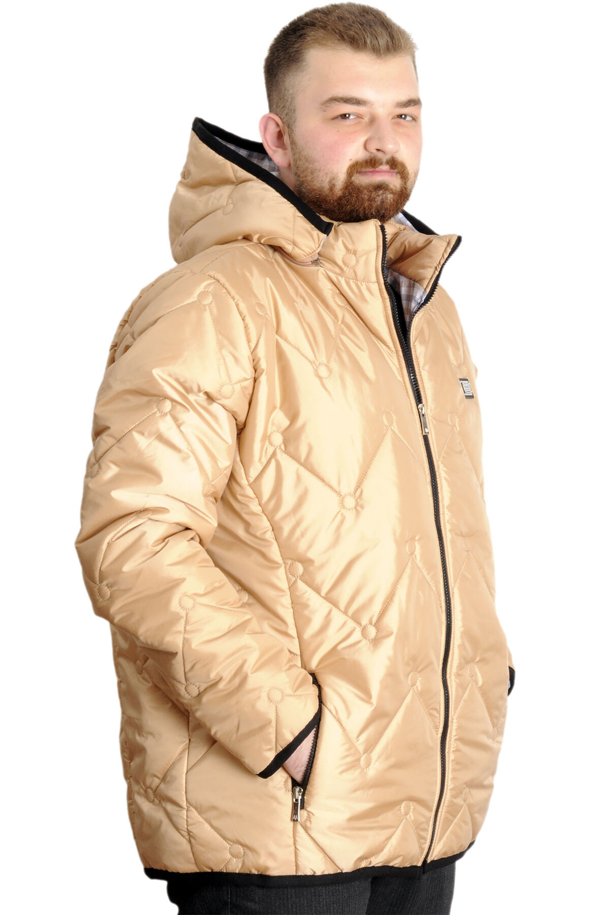 ModeXL Mode XL Büyük Beden Erkek Şişme Mont Fermuarlı Kapüşonlu 23657 Bej görsel 3