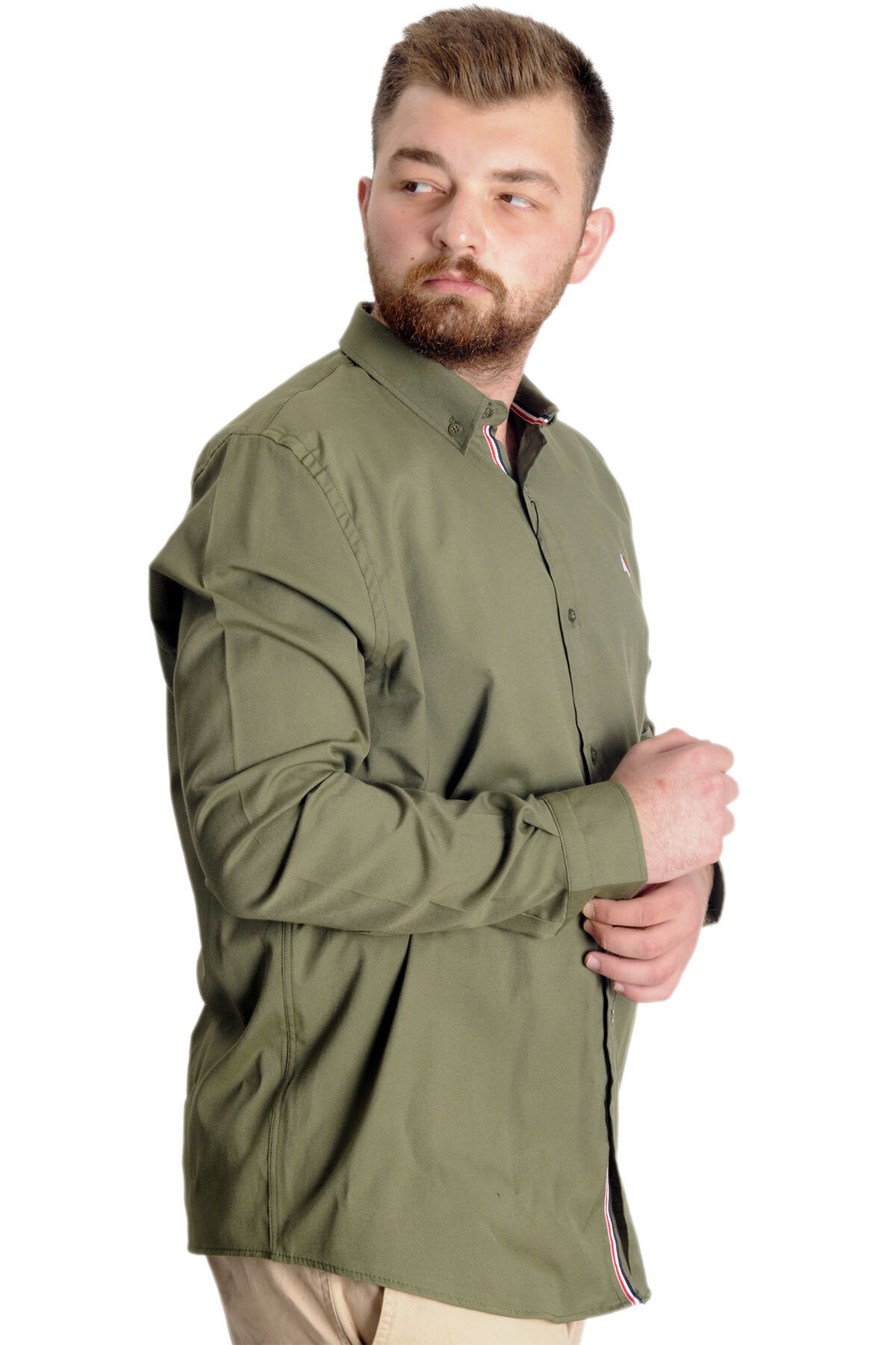 ModeXL Mode XL Büyük Beden Erkek Gömlek U.Kol Tom Oxford 23303 Haki görsel 3