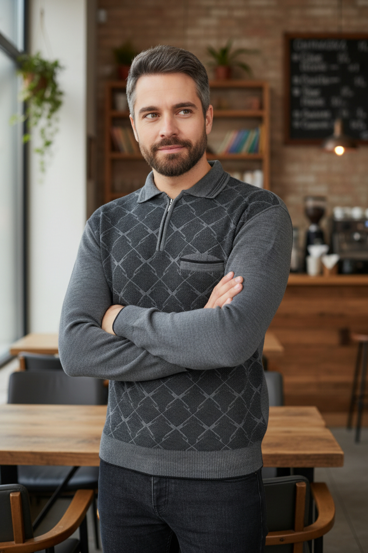 Kamalı  Erkek Gri Tüylenme Yapmayan Anti Pilling Özellikli Standart Fit Polo Yaka Cepli Triko Kazak - Görsel 6