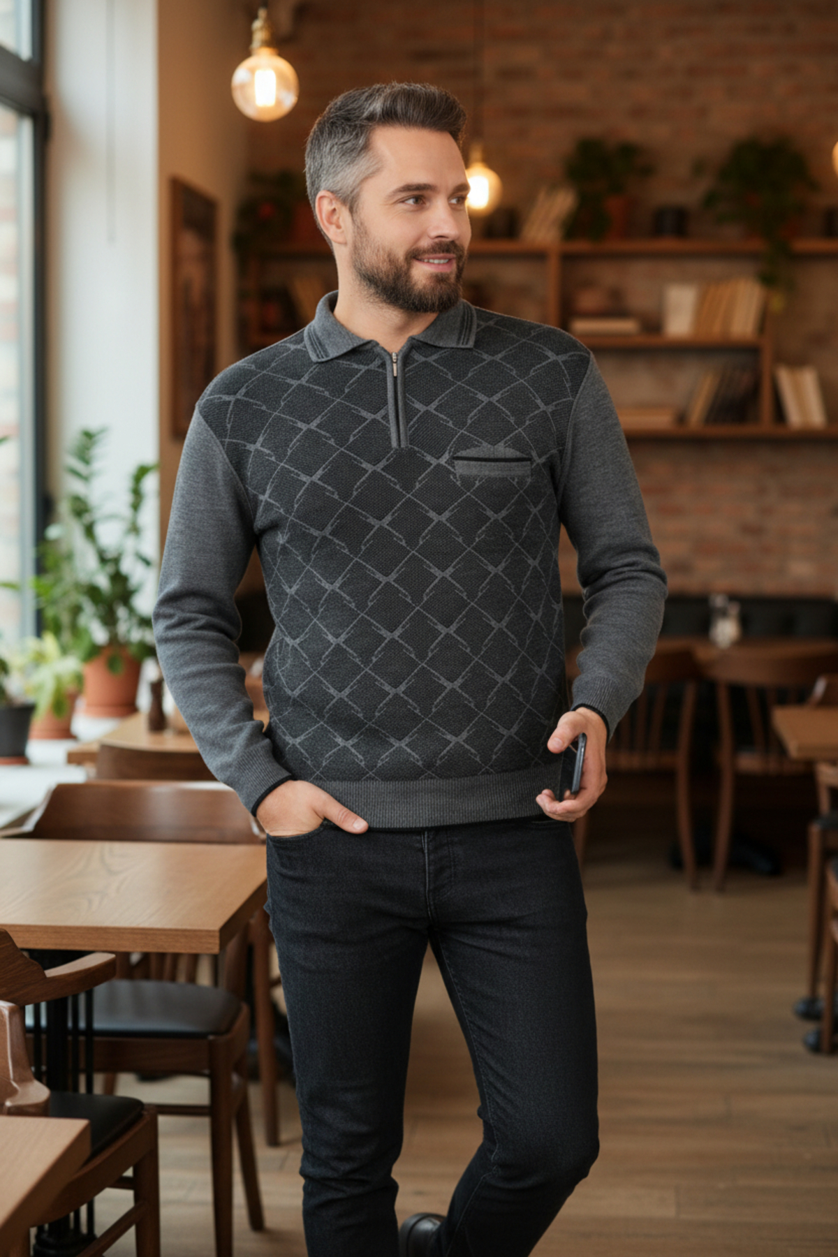 Kamalı  Erkek Gri Tüylenme Yapmayan Anti Pilling Özellikli Standart Fit Polo Yaka Cepli Triko Kazak - Görsel 2