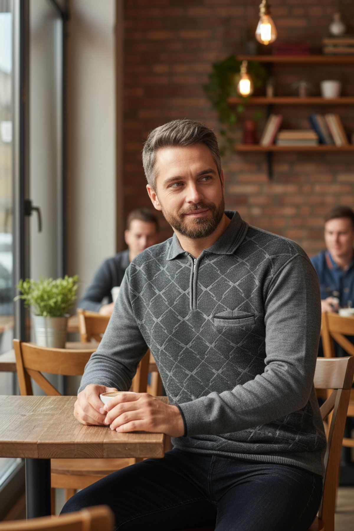 Kamalı  Erkek Gri Tüylenme Yapmayan Anti Pilling Özellikli Standart Fit Polo Yaka Cepli Triko Kazak - Görsel 3