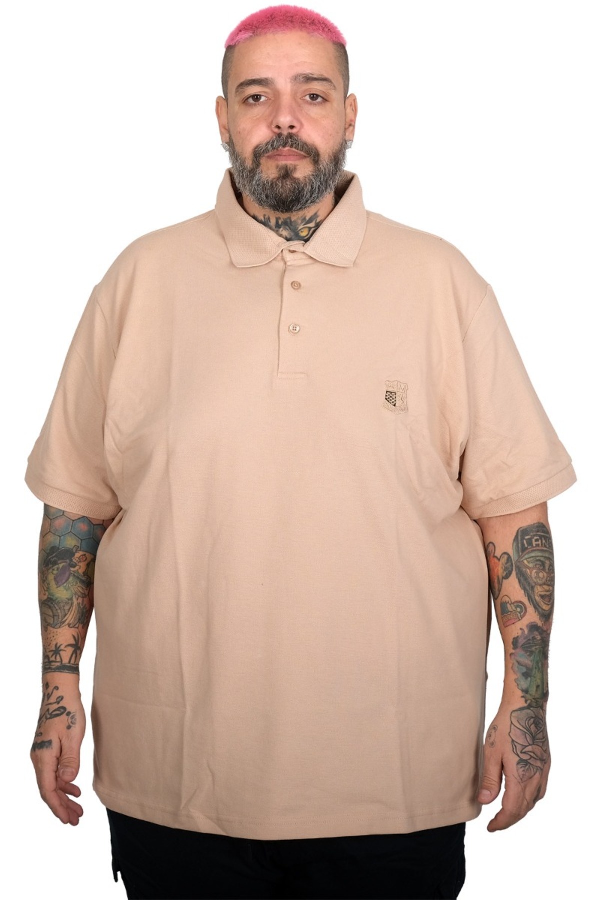Mode XL Plus Size Men's T-Shirt Polo Neck Embroidered Classic Quilting 20553 Beige