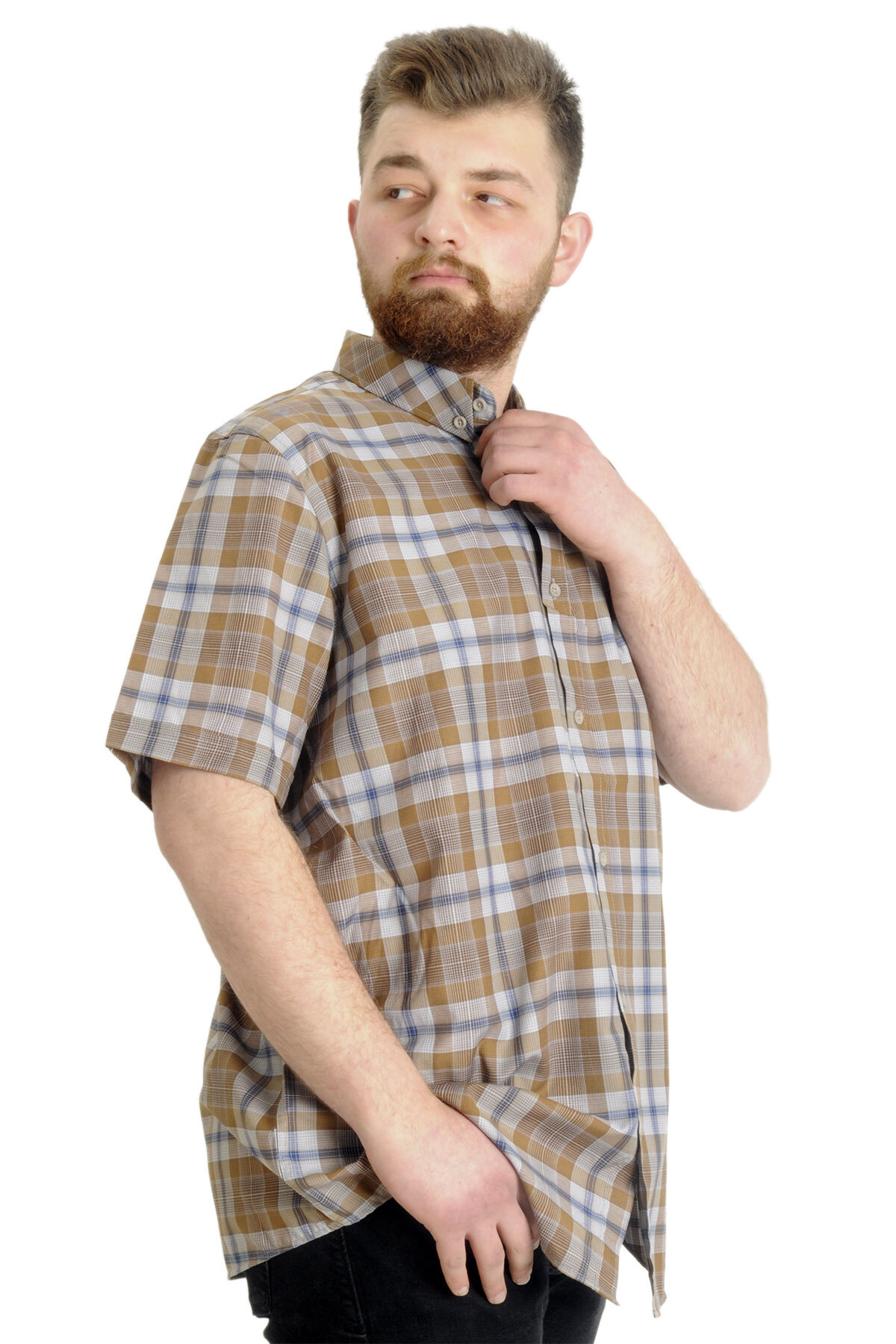 ModeXL Mode XL Büyük Beden Erkek Gömlek Ekose Kısa Kollu 23301 Kahverengi görsel 3