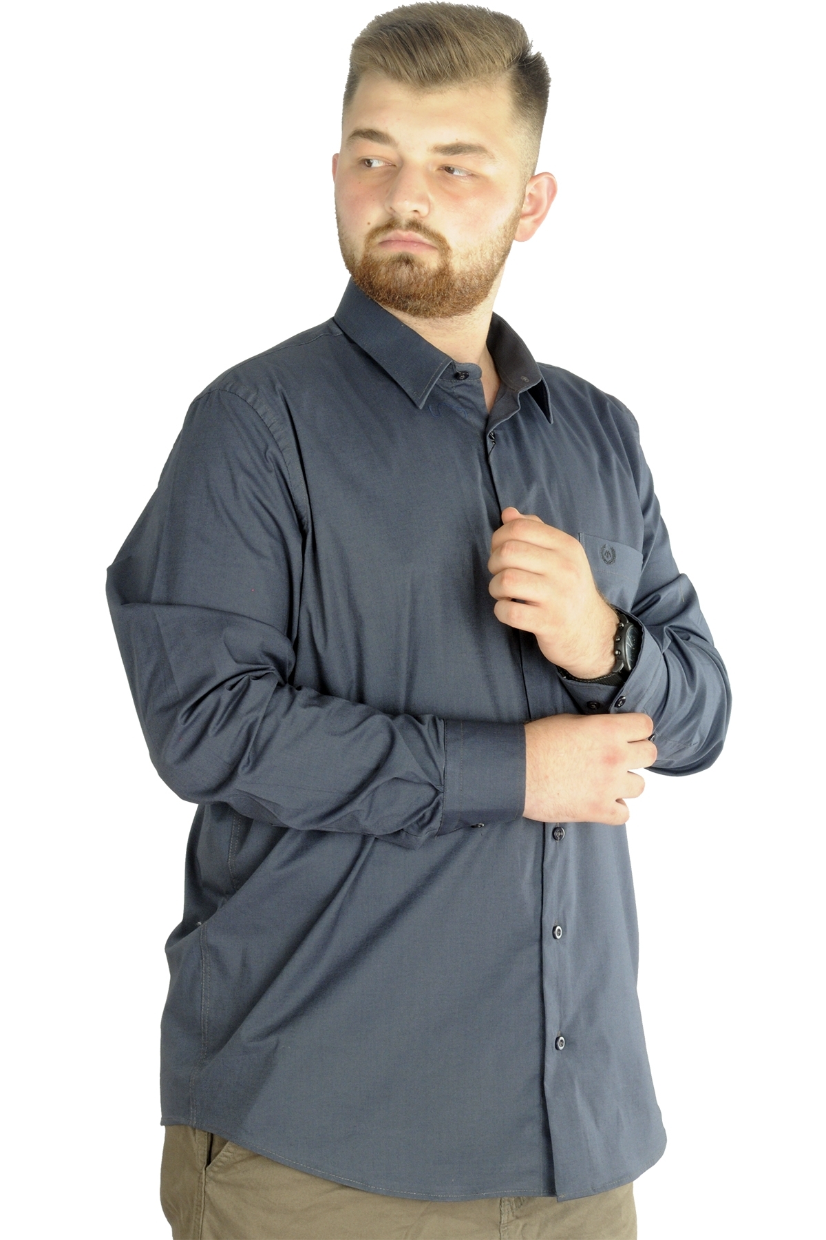 ModeXL Mode XL Büyük Beden Erkek Klasik Cepli Gömlek Likralı 20350 Antrasit görsel 3