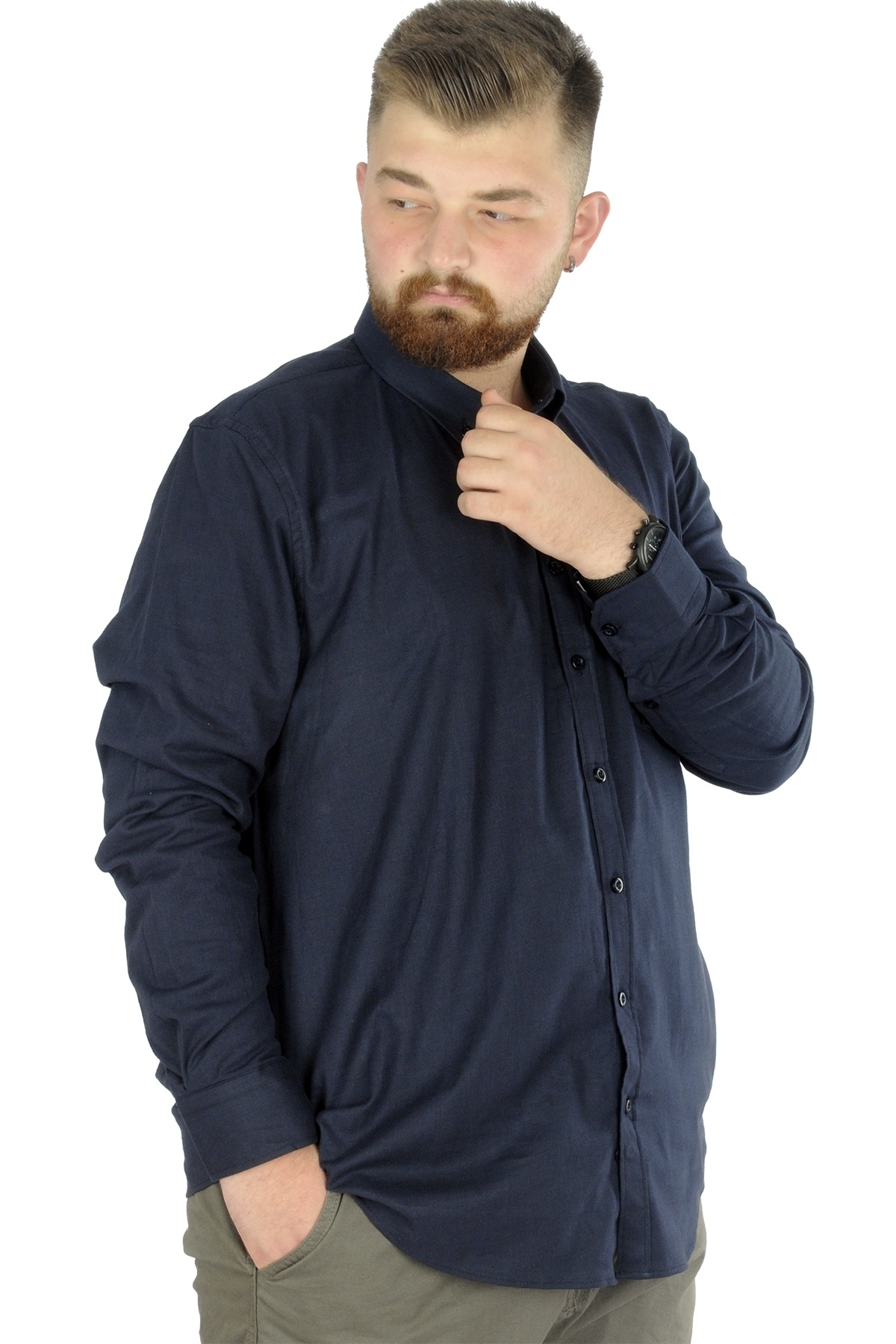 ModeXL Mode XL Büyük Beden Erkek Keten Cepli Gömlek 20386 Lacivert görsel 3