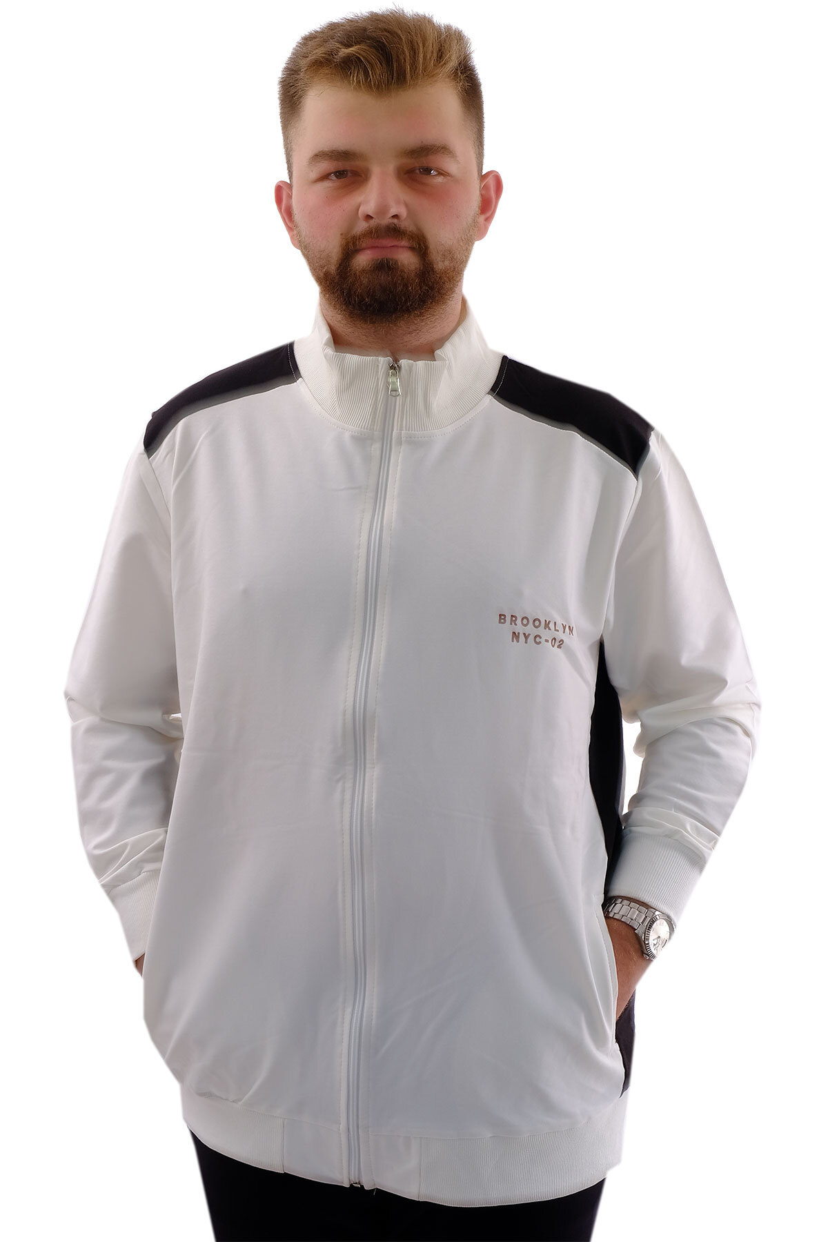 ModeXL Mode XL Büyük Beden Erkek Eşofman Üstü Dik Yaka Fermuarlı BROOKLYN U24522 Ekru