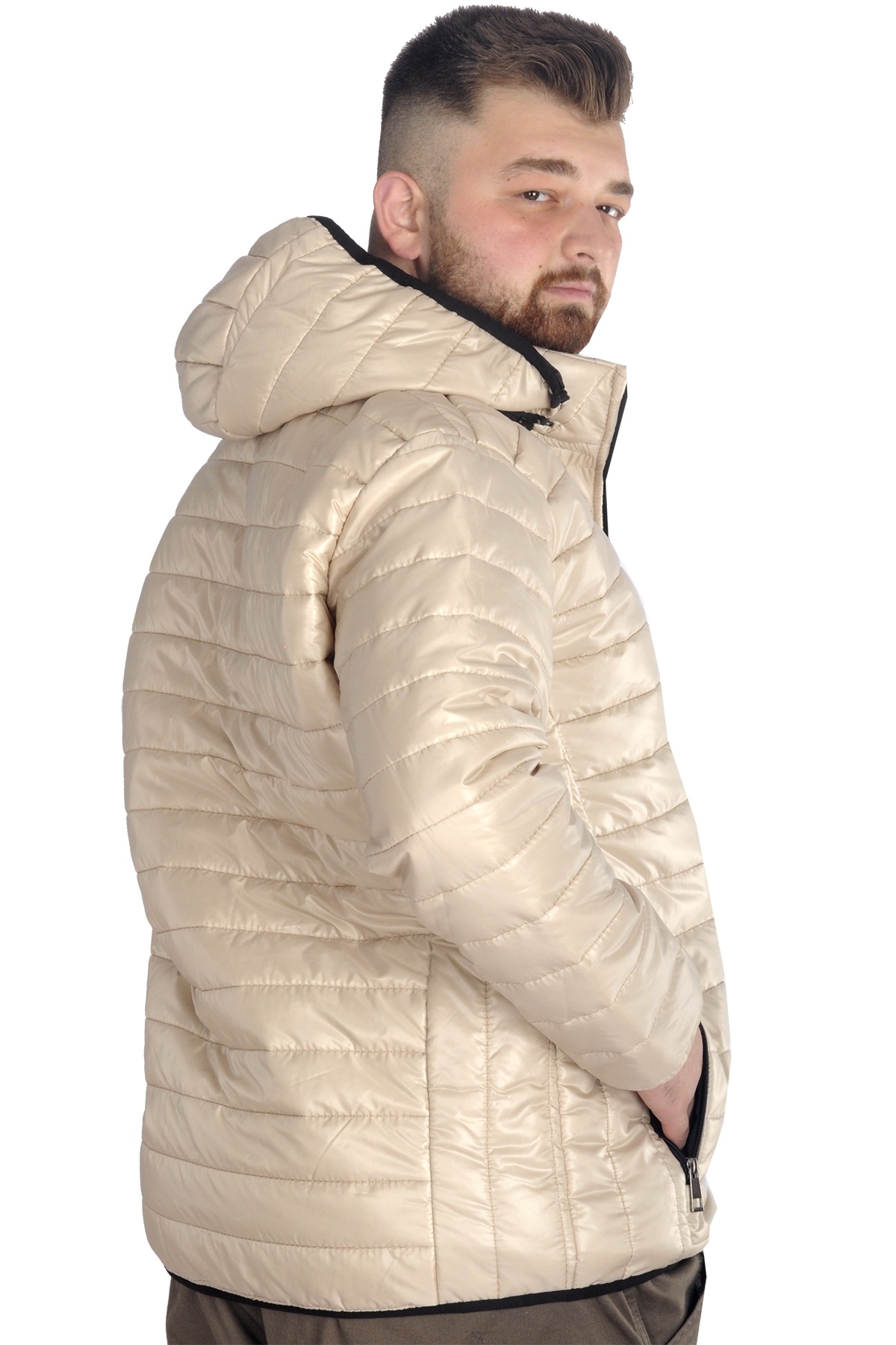 ModeXL Mode XL Büyük Beden Mont Kapitone Kapşonlu 22602 Bej görsel 3