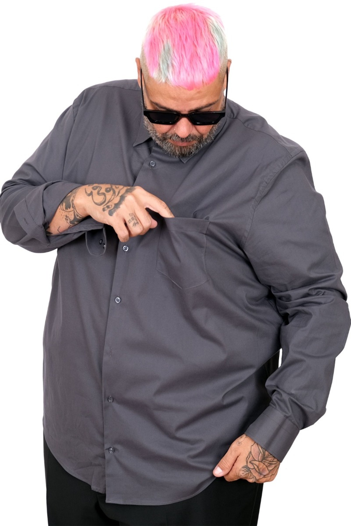 ModeXL Mode XL Büyük Beden Erkek Klasik Cepli Gömlek Likralı 20350 Füme görsel 7