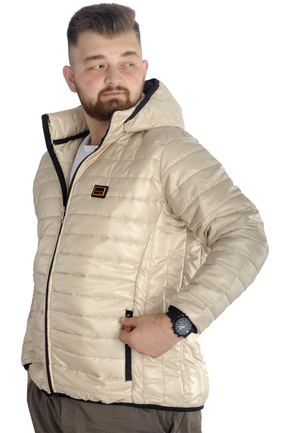 ModeXL Mode XL Büyük Beden Mont Kapitone Kapşonlu 22602 Bej görsel 2