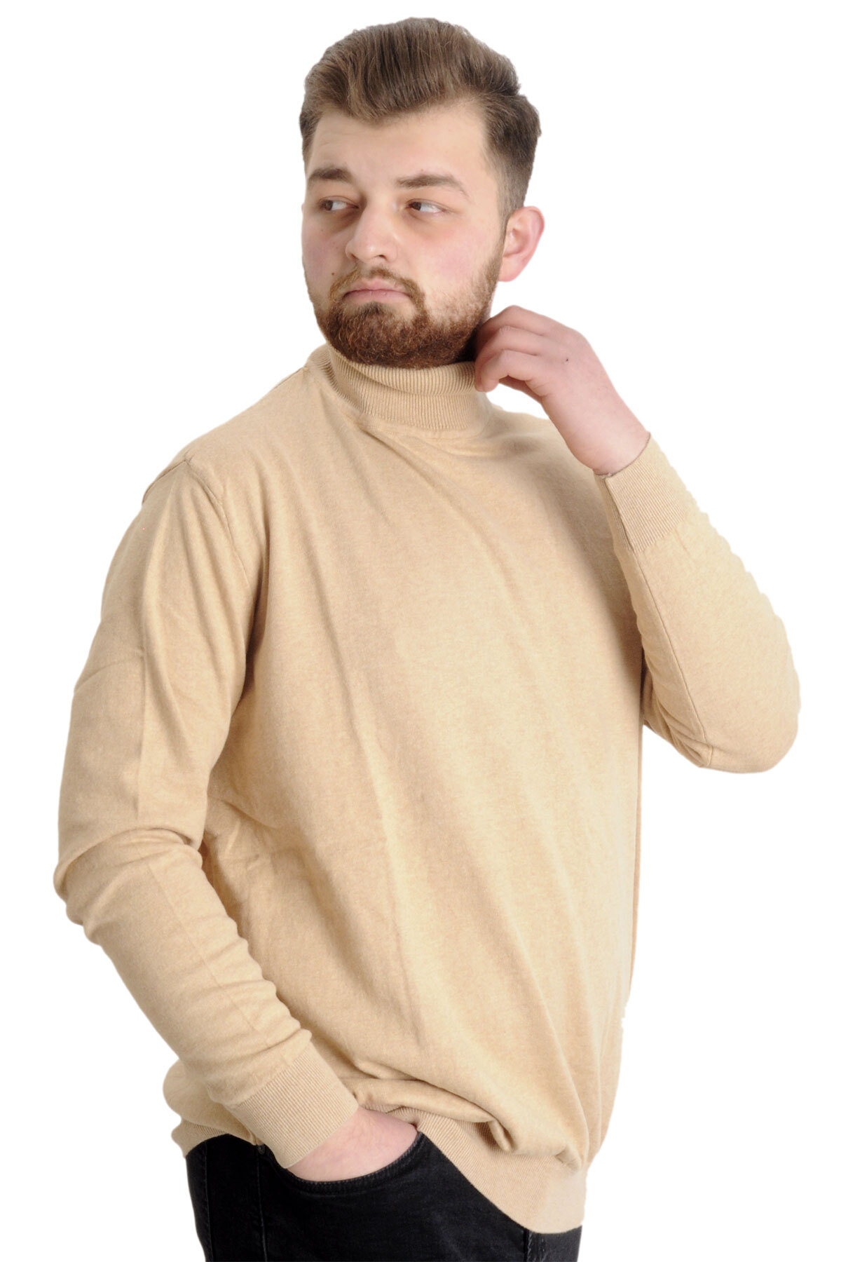 ModeXL Mode XL Büyük Beden Erkek Kazak Balıkçı Yaka 22205 Bej